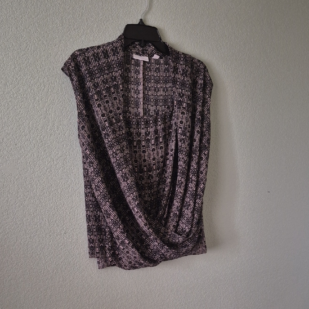 Women's Black & White Patterned Draped Round-Neck Top.